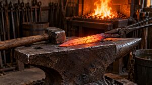 A glowing steel bar held with tongs on an anvil beside a blacksmith hammer.