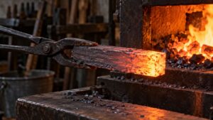 A heated layered steel billet held with tongs beside a forge.